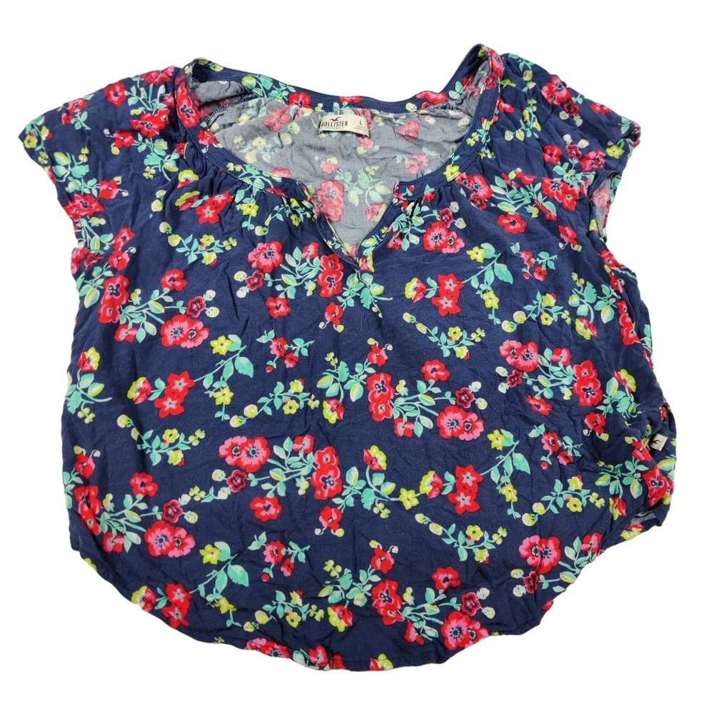 Hollister Womens Top Floral Blouse Boat Neck Shirt Pullover Short Sleeve sz L